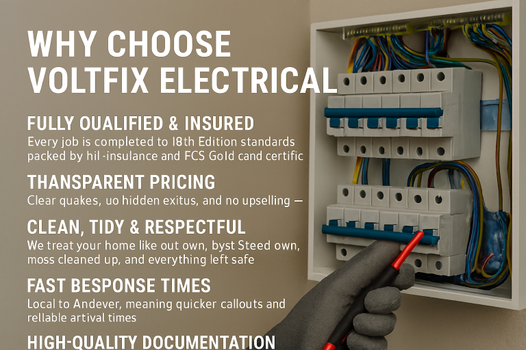 Why Choose VoltFix Electrical – Trusted Andover Electricians Why choose VoltFix Electrical – fully qualified electricians, transparent pricing, clean and respectful service, fast response times, high‑q