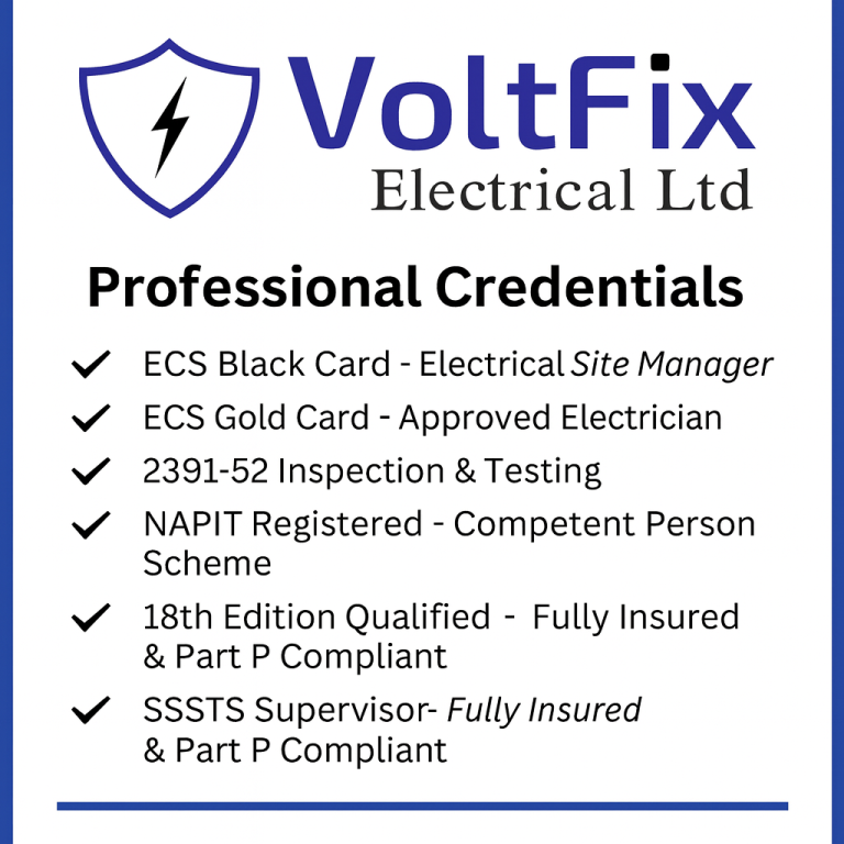 VoltFix Electrical – ECS Black Card Site Manager, SSSTS Supervisor & NAPIT Approved Electrician in Andover. VoltFix Electrical credentials: ECS Black Card Site Manager, SSSTS Supervisor, NAPIT Approved Electrician in Andover.
