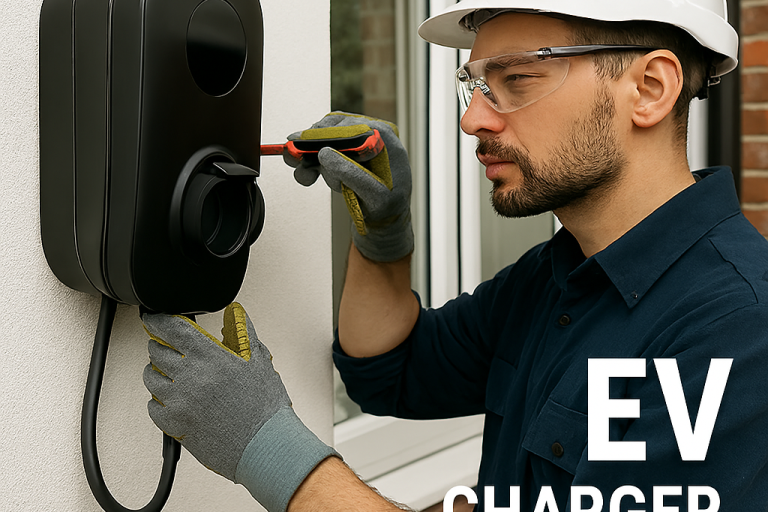 EV Charger Installation – VoltFix Electrical Ltd Electrician installing EV charger on exterior wall – professional EV charger installation in Andover