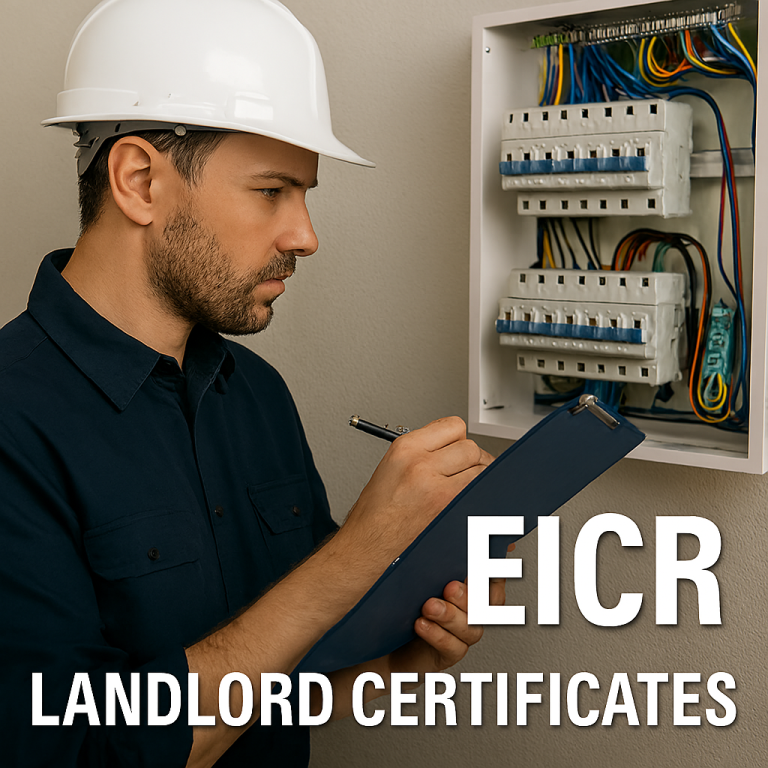 EICR Landlord Certificate – VoltFix Electrical Ltd Electrician with clipboard performing EICR inspection beside open consumer unit – landlord safety certificate Andover